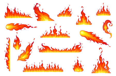 Cartoon isolated fire flames, bonfire. Vector campfire, comet, fireball or torch burning blaze. Glowing shining borders with long waving tongues. Decorative ignition stripes of fire flamesのイラスト素材