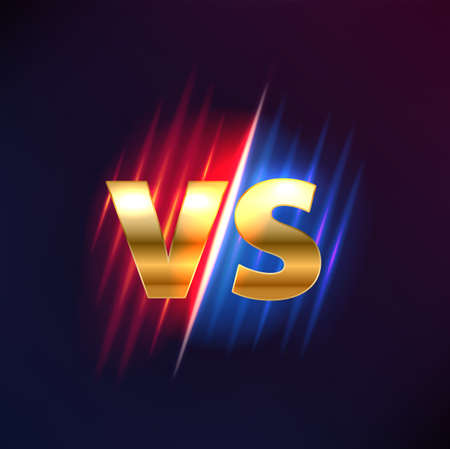 Vs or versus sign for game, combat, martial arts competition, sport confrontation or challenge. Vector symbol with gold letters and separated blue and red glow parts. Sports fight or battle emblemのイラスト素材