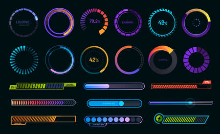 Loading progress bars, load or download and upload web icons, vector round graphs. Circle loaders and speed, status or loader percentage progress bars for website or internet page in neon gradientのイラスト素材