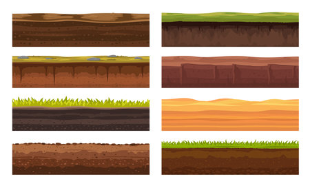 Soil ground or underground layers, grass, land and earth texture, vector seamless game level. Cartoon game landscape of soil ground and underground layers of sand hills, desert sand and stone surfaceのイラスト素材