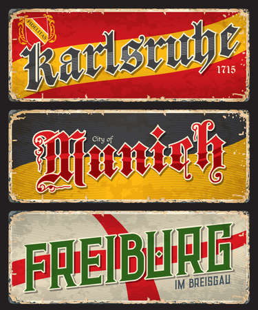 Karlsruhe, Munich and Freiburg city travel plates and stickers, Germany regions vector tin signs. German state cities travel plates with landmarks and region flags of Bavaria and Baden Wurttembergのイラスト素材