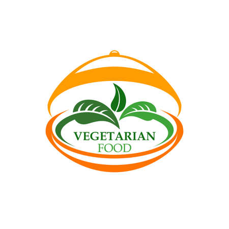 Vegetarian food vector icon with green salad leaves and fresh leaf vegetables on serving tray with lid. Healthy vegan food and organic farm product isolated symbol of vegetarian restaurant or cafeのイラスト素材