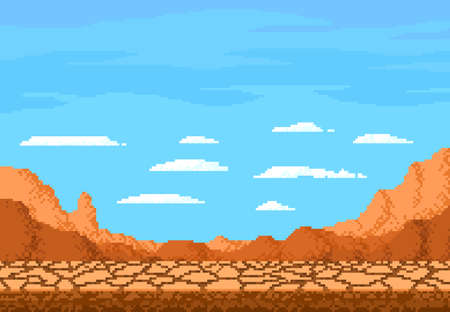 Pixel art desert landscape, cracked soil ground for game level background, 8bit vector. Pixel art and video game landscape of dry ground desert of Arizona or Texas mountains with 8 bit clouds in skyのイラスト素材