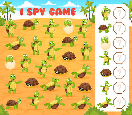 I spy game worksheet with cartoon turtles, cheerful tortoise animal characters. Kids vector educational puzzle with cute reptiles. How many turtles maths riddle page for school or preschool childrenのイラスト素材