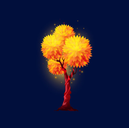 Cartoon fantasy luminous alien tree, vector magic unusual fairy plant with glowing leaves and...