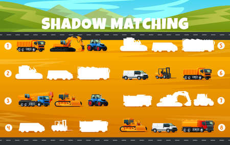 Shadow matching game worksheet. Industrial machinery transport truck, excavator, tractor and crane, bulldozer, tank car, forklift and van. Find heavy transportation silhouette taskのイラスト素材
