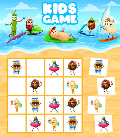 Sudoku kids game, funny nut characters on summer beach, vector puzzle worksheet. Sudoku riddle grid to find and match cartoon coconut, peanut with bean, hazelnut and walnut nuts on summer vacationのイラスト素材
