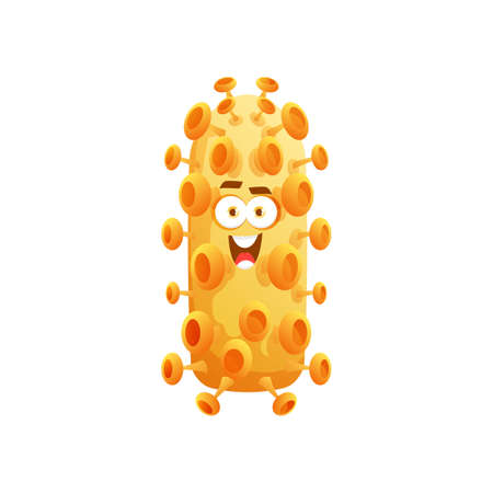 Funny cartoon virus character, microbe or bacteria pathogen cell, vector cute character. Smiling happy virus of flu or disease germ, medicine and health icon for viral and antibacterial protectionのイラスト素材