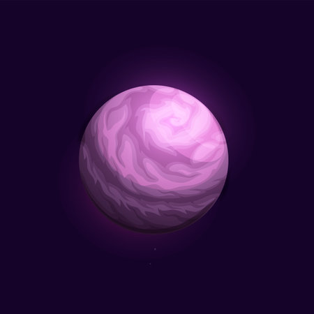 Purple space planet with nebula. Fantastic kids space game or app UI planet moon or satellite vector icon. Alien galaxy home world, deep space exoplanet with atmosphere gas cloudsのイラスト素材
