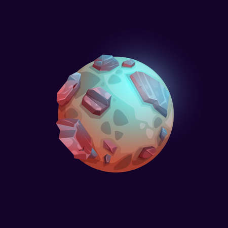 Galaxy space planet with volcano and stone surface. Alien galaxy fantastic world game design element, cartoon vector icon. Kids comic planet with rocks, canyons and mountains cliffsのイラスト素材