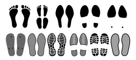 Shoe footprints, foot prints of sole, boot or steps, vector silhouette. Shoe footprints of sole and boots tracks, human feet imprints and marks of barefoot footsteps, sneakers and flip-flop sandalsのイラスト素材