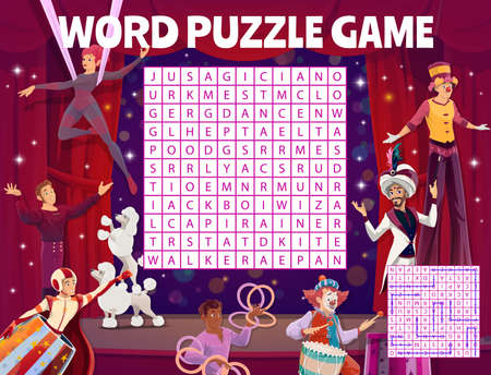 Shapito circus performers word search puzzle quiz game worksheet. Vector kids crossword grid with juggler, magician, poodle and clown, dancer and gymnast, wizard, trainer or stiltwalker, words taskのイラスト素材