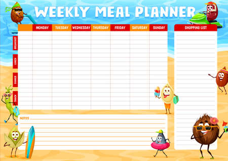 Weekly meal planner, cheerful nuts characters on summer beach, vector schedule. Food plan for week or calendar menu check and shopping list. Cartoon coconut, bean and pistachio, almond and peanutのイラスト素材