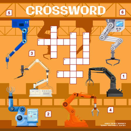 Robot arms on factory crossword grid. Find a word quiz game. Children intellectual riddle, text puzzle with words finding task or kids quiz vector worksheet with factory assembly line, conveyor robotsのイラスト素材