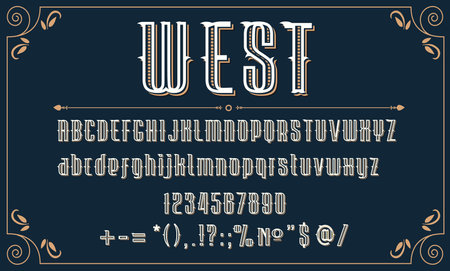 Western retro front, Wild West vintage type alphabet, vector old typography letters. Western font of wild west typeface numbers and signs in style of cowboy saloon or vintage steampunk typeのイラスト素材