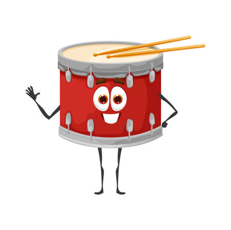 Cartoon funny drum character with sticks, isolated vector percussion instrument. Funny fairy tale musical character with drumsticks. Music school, educational classes for kids, performance or concertのイラスト素材