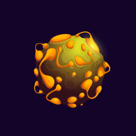Galaxy space planet with mountain craters and lava surface, galactic fantasy vector cartoon icon. Alien planet in fantastic universe with fiery magma or fire lava, space world of cosmic asteroidsのイラスト素材