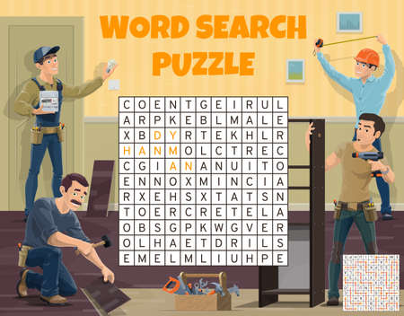 Electrician engineer, worker and builder word search puzzle, vector game worksheet. Search and find word grid or riddle quiz with handyman tools, hammer and ruler, screwdriver and repairman drillのイラスト素材
