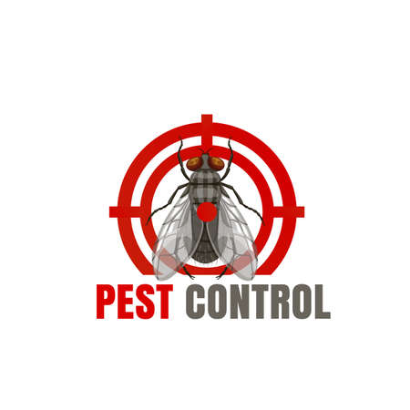 Pest control icon with fly in weapon aim and red dot. Disinsection service vector emblem with insect. Parasites extermination label, pest disinfection or insecticide cartoon sign with fly in targetのイラスト素材