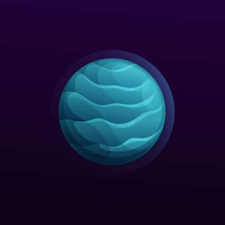 Blue space planet with atmosphere and layers. Game UI comic planet cartoon vector icon with water ocean or gas clouds waves. Alien galaxy fantastic world, fantasy moon or space artificial planetのイラスト素材