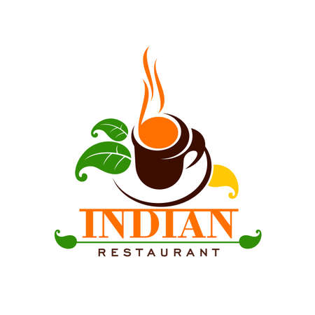 Indian restaurant icon with tea. Asian cuisine, indian food cafe or restaurant vector symbol, colorful emblem or simple icon with cup of steaming hot drink, culinary herbs or spicesのイラスト素材