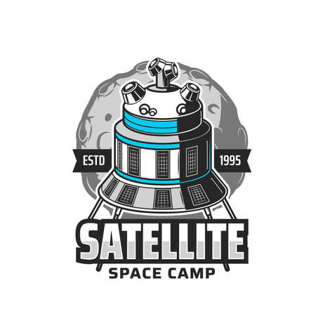 Satellite icon, space exploration and galaxy discovery camp project, vector emblem. Orbital station or spaceship satellite shuttle in spaceflight to moon and galactic planets explorationのイラスト素材