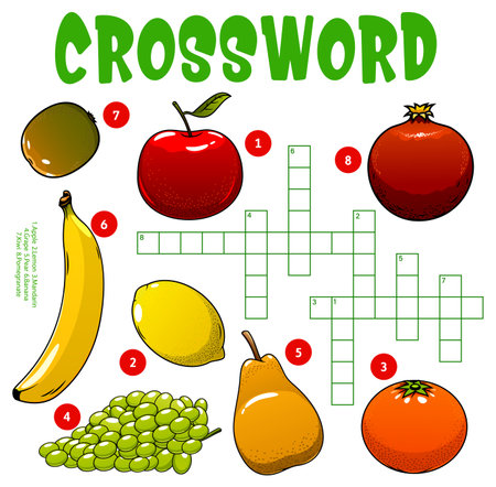 Harvest raw fruits crossword puzzle worksheet to find word, vector quiz game grid. Kids education crossword riddle to guess word of apple, banana and lemon with mandarin, pomegranate and kiwiのイラスト素材