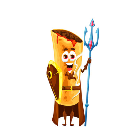 Cartoon mexican chimichanga defender character with vector shield, trident spear and cape. Fried burrito superhero or guard personage of tex mex fast food tortilla roll with meat, funny wrap sandwichの素材 [FY310187777484]