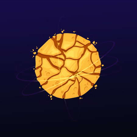 Cartoon cracked space planet, vector galaxy globe with broken yellow surface. Cosmic sphere in far universe, Ui game object, fantasy comet, meteor, isolated destroyed astronomy object with orbitsのイラスト素材