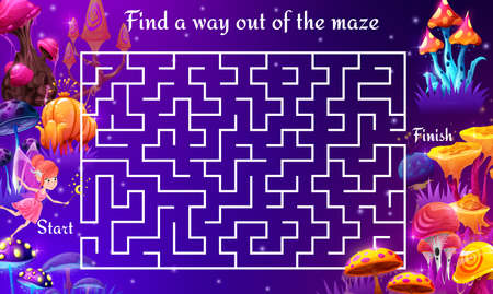 Magic mushroom forest. Labyrinth maze game. Help to find a way for fairy. Child quiz, kids puzzle game or riddle vector worksheet with search way activity and forest fairy, fantasy luminous mushroomsのイラスト素材