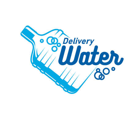 Water delivery icon of bottle with bubbles, vector blue plastic gallon. Water delivery service logistics and distribution company emblem for drinking and mineral water for office or homeのイラスト素材