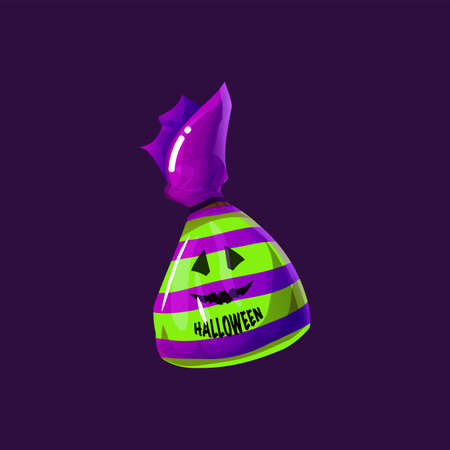 Choco sweets isolated chocolate candy in glossy wrapping paper with ghost face. Vector Halloween party dessert, color cacao confection wrapped in foil in green and purple colors, scary smileのイラスト素材