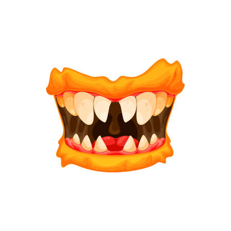 Monster mouth, creepy zombie or alien roar jaws with sharp yellow teeth and orange lips isolated cartoon icon.Vector Halloween creature roaring mouth, ogre mutant devil tongue, toothy smileのイラスト素材