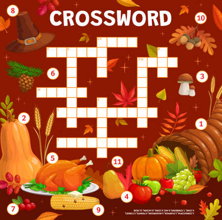 Thanksgiving cornucopia, autumn harvest and potluck crossword puzzle worksheet, find a word quiz. Vector cross word with pumpkin, mushroom, tomato, turkey and cone, cowberry, hat, corn, acorn or pearのイラスト素材