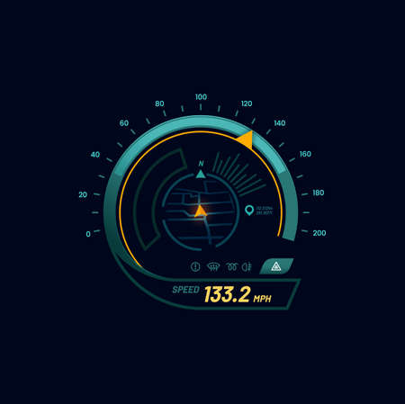 Futuristic car speedometer gauge dial with navigation map. Automobile speed meter futuristic vector display with navigation route pointer. Vehicle tachometer indicator or car speedometer digital gaugeのイラスト素材