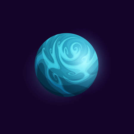 Space planet with blue oceans and icebergs, fantasy galaxy for cartoon game, vector. Alien planet or asteroid star of ice, universe cosmos and fantastic satellite with craters of frozen iceのイラスト素材