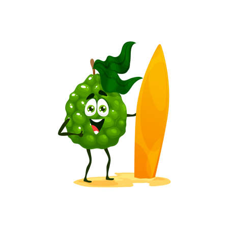 Cartoon cheerful bergamot fruit character with surfboard. Vector tropical lime citrus or kaffir character practice on surfing sport. Healthy lifestyle, natural nutrition, energyのイラスト素材