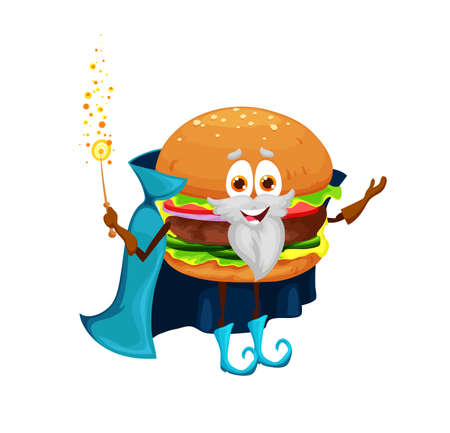 Cartoon burger mage character. Fast food burger sorcerer happy vector character, takeaway cafe burger sandwich mage cheerful personage casting spell with magic wand, wearing cloak or capeのイラスト素材