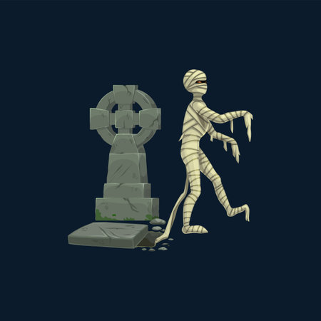 Cartoon spooky mummy rise from the grave creepy Halloween character. Vector bandaged monster, horror mascot with glowing eyes and bandage on body walking on cemetery, isolated eerie dead personageのイラスト素材