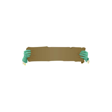 Zombie cartoon hands with banners isolated piece of fabric in creepy monster green arms with skeleton bones. Vector Halloween character fingers with talon holding parchment scroll. Dead creature grabsのイラスト素材