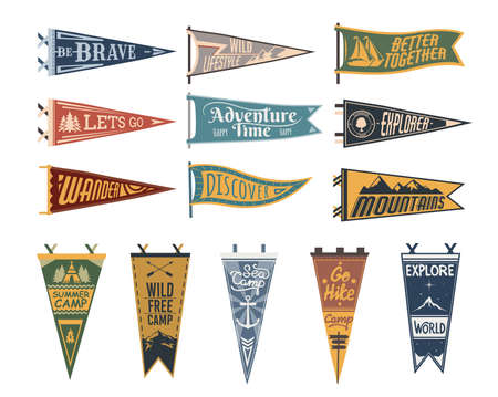 Camping pennant flags, camp pendants for adventure sport and travel hiking, vector. Varsity scout camping or university camper pennant flags, mountain tourism, campfire and sea camp anchorのイラスト素材