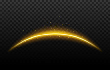 Magic arc, vector light effect of shining beam or shooting star abstract curve with sparkles. 3d curved line with gold flare, glitter and fairy dust on dark background. Magic arc or planet shadowのイラスト素材