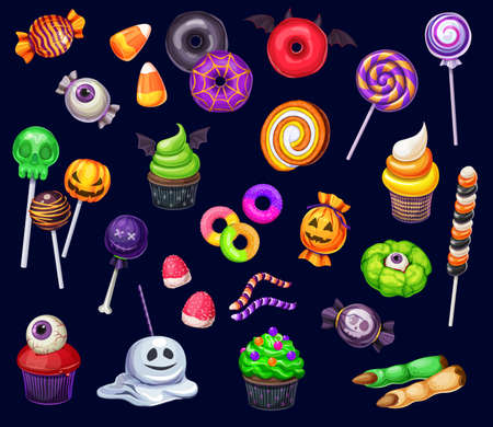 Cartoon Halloween sweets, cupcakes, lollypops, donuts, candy corn, witch fingers cookies. Vector kids trick or treat party desserts pumpkin or ghost, jelly worms, eyeball, skull holiday confectioneryのイラスト素材