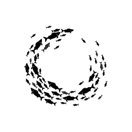 School of fish swimming in circle, frame of shoal fish silhouette. Vector marine cod flock, round border of floating underwater animals, group of aquatic tunaのイラスト素材