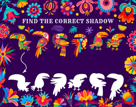 Find the correct shadow of bright mexican toucan birds kids game worksheet. Children educational test, kids playing activity vector worksheet with exotic bird and mexican ornaments. child logical gameのイラスト素材