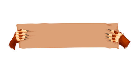 Werewolf hands with long nail holding banner isolated cartoon arms with wooden plank. Vector Halloween monster character fingers with talon, stone plate, blank piece of wood with spare place for textのイラスト素材