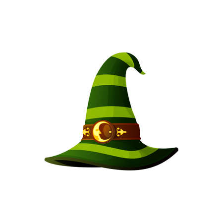 Halloween hat of cone shape with moon buckle isolated cartoon sorcerer, mage or warlock headwear. Vector witch wizard, fairy cap, magic Halloween hat holiday party carnival costume accessoryのイラスト素材