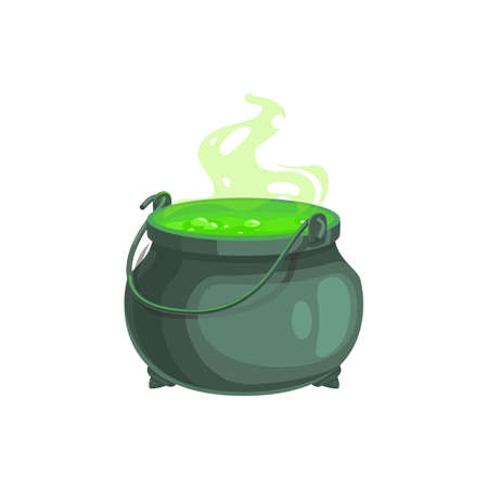 Witch cauldron, Halloween magic pot with green potion. Vector steel boiler with boiling magic brew or steaming goo. Isolated evil item for wizard, sorceress or mage, cartoon kettle with poisonのイラスト素材