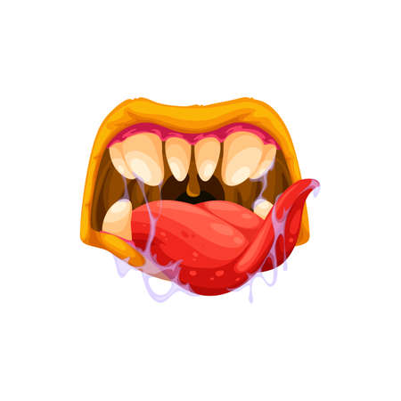Ugly hungry ogre jaws, mouth and teeth of scary monster isolated cartoon icon. Vector smile with long tongue with saliva, scary Halloween face of monster, horror smile vampire Dracula teeth, devilのイラスト素材
