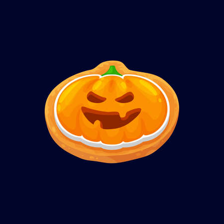 Orange sucker, lollipop scary holiday confection isolated cartoon icon. Vector trick or treat dessert, Halloween round caramel candy with pumpkin face. Hard fruit bonbons with guard head, sugar foodのイラスト素材